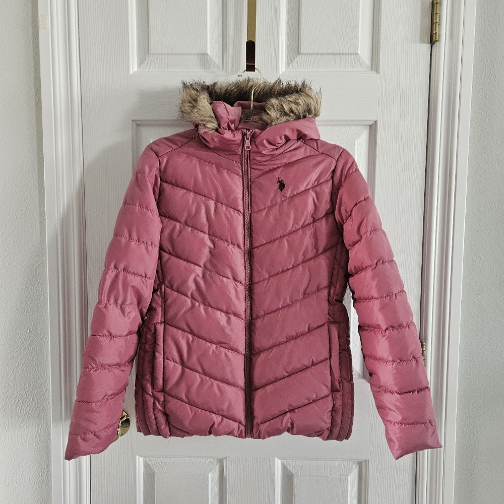 NWOT U.S. Polo ASSN Faux Fur Hooded Puffer Jacket/Coat- Oxford Rose - Picture 6 of 13